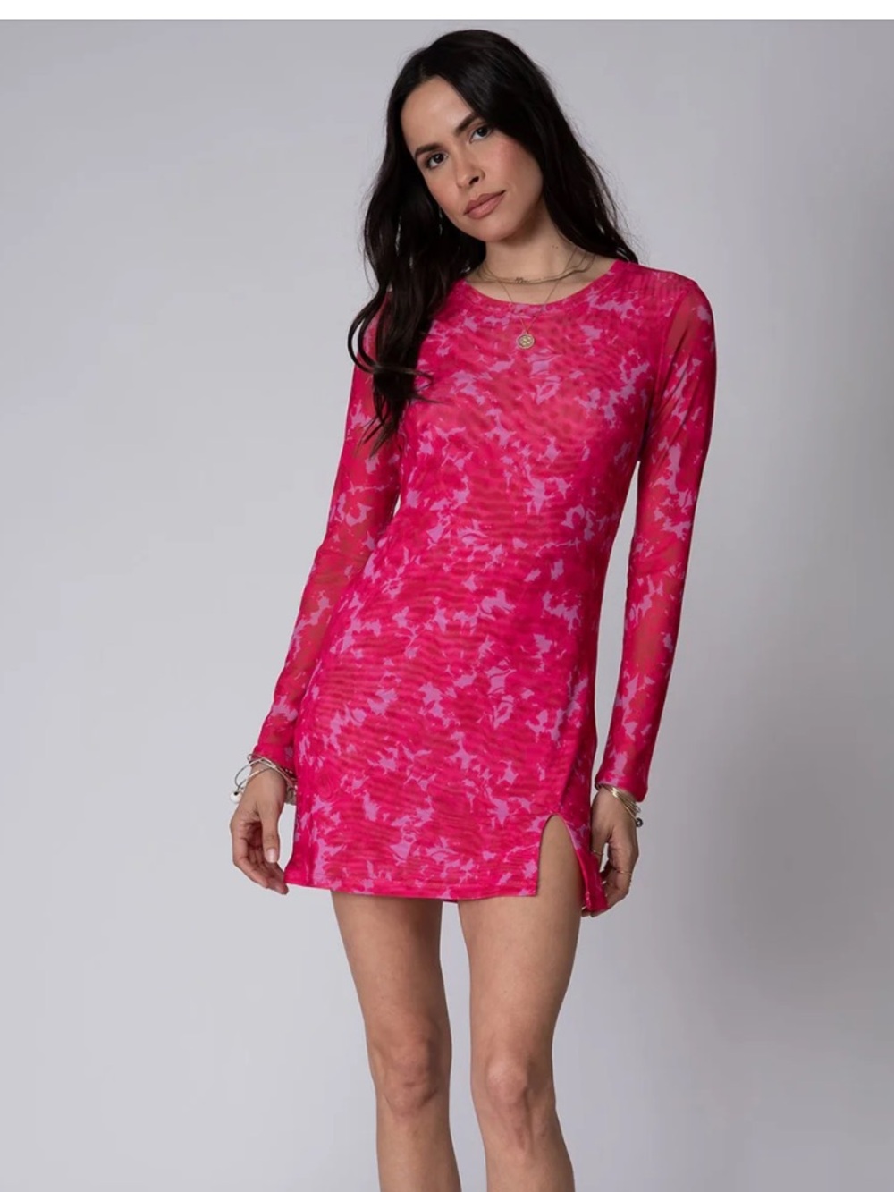 Sheer mesh Long-Sleeve Pink Mesh Mini Dress